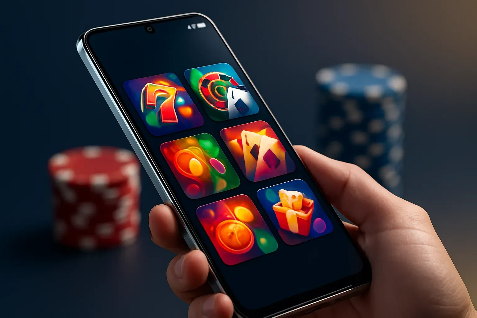 Flagship Android smartphone displaying vivid casino app interface in dramatic lighting