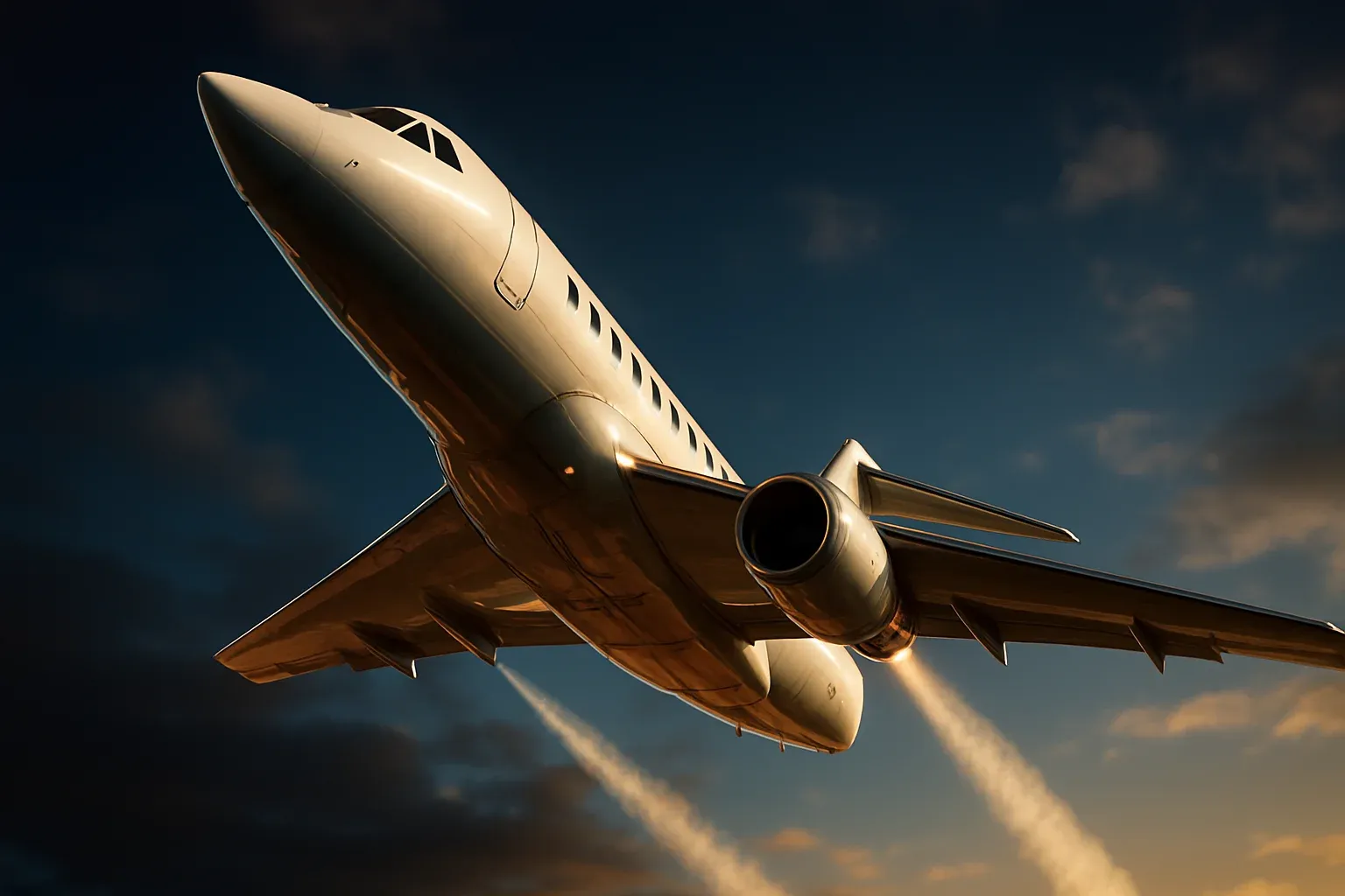 Hyperrealistic white jet aircraft climbing steeply in dramatic blue sky