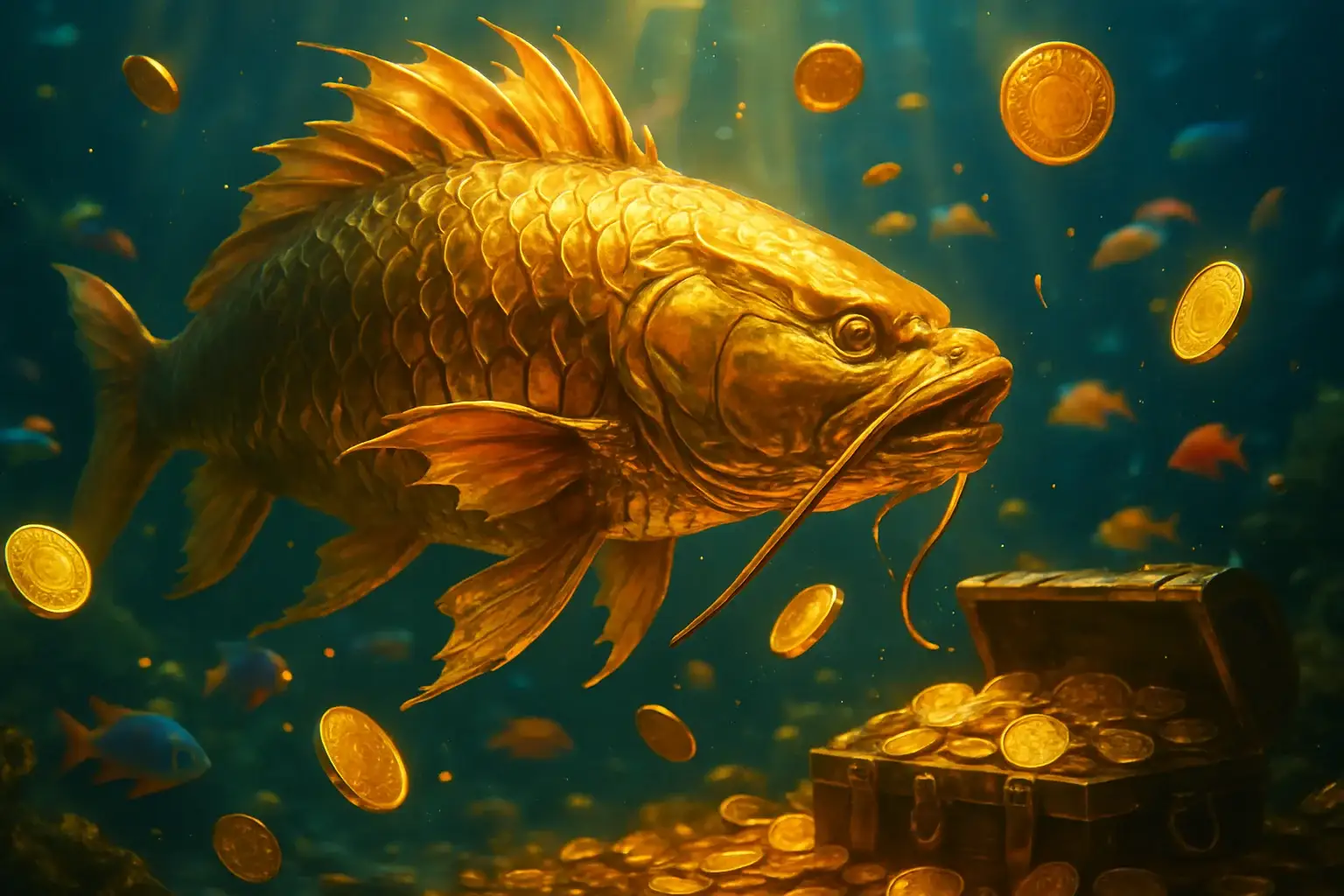 Massive golden dragon fish underwater with glowing coins and treasure