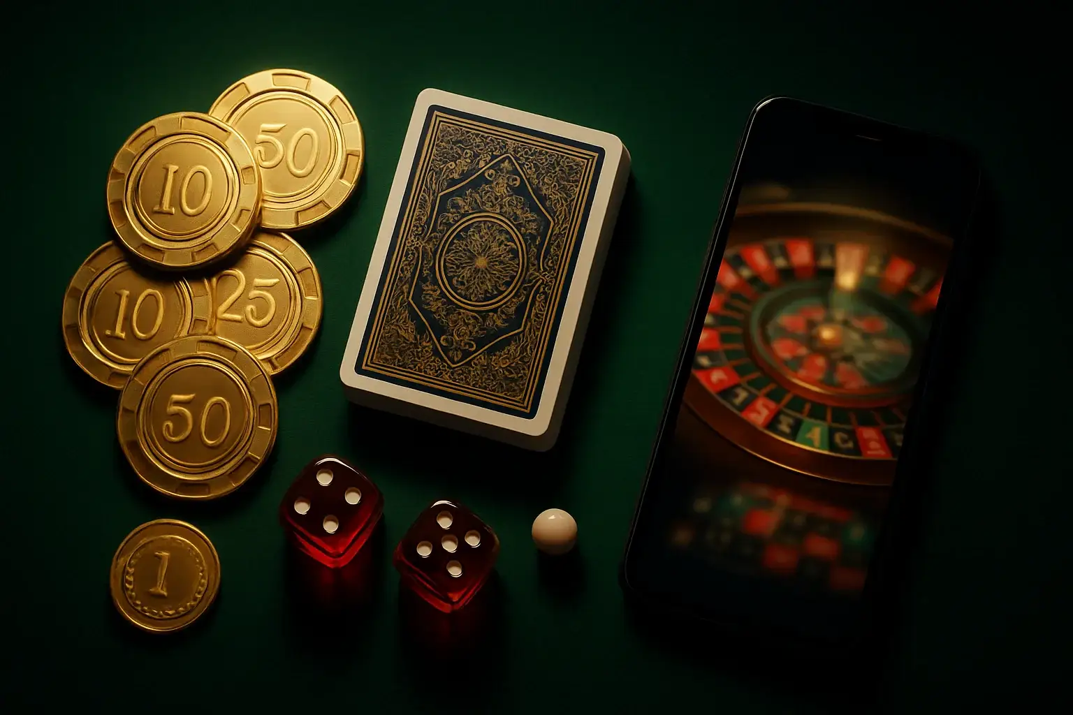 Top-down casino table with gold chips, cards, dice, roulette ball, smartphone
