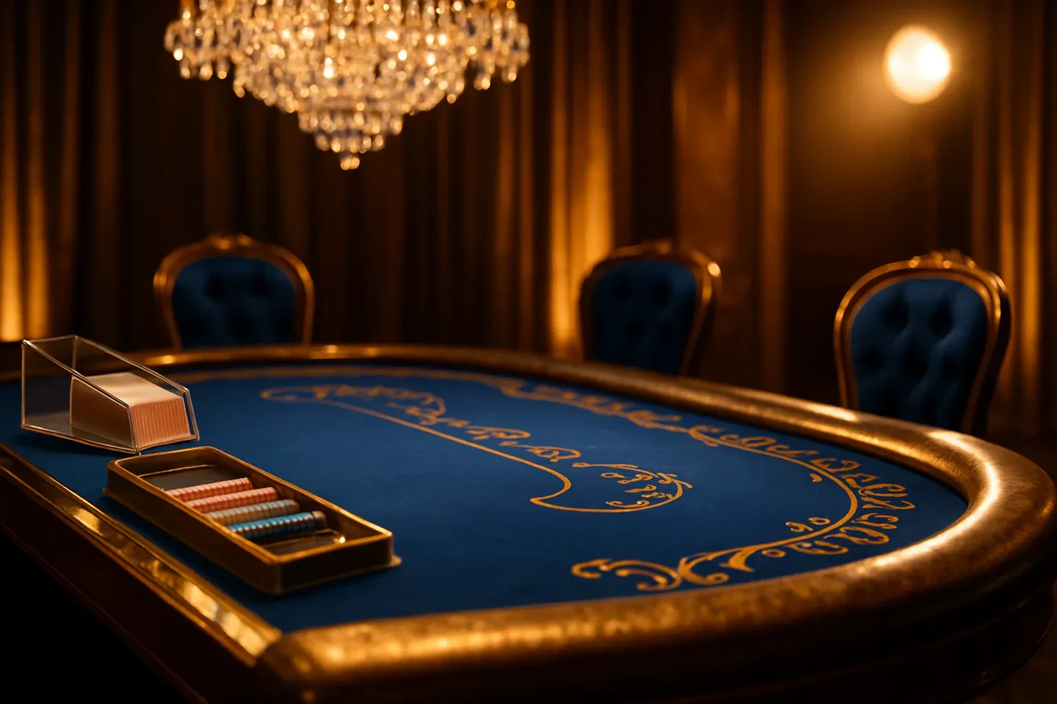 Hyperrealistic live baccarat studio in the Philippines with blue felt table