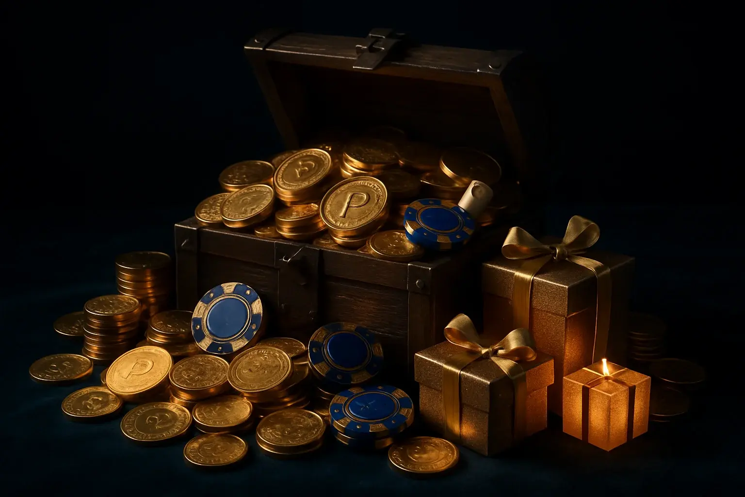 Overflowing treasure chest with gold coins, casino chips, vouchers, and gifts