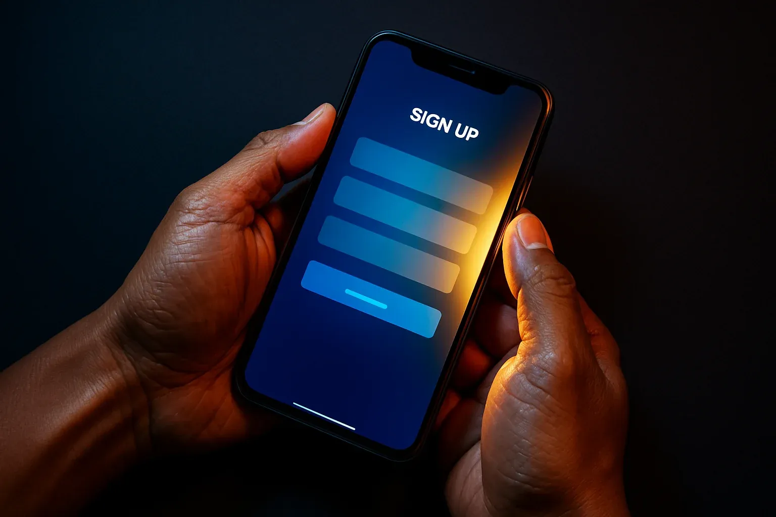 Filipino man's hands holding smartphone with glowing registration interface
