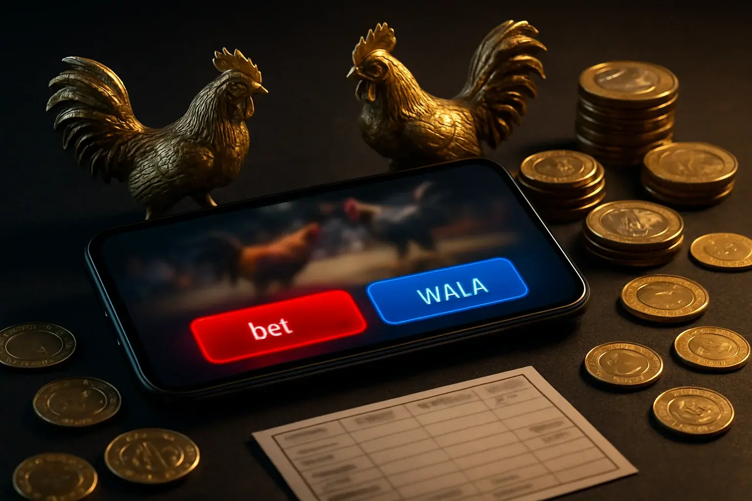 Smartphone with sabong betting interface, golden roosters, coins, and chips