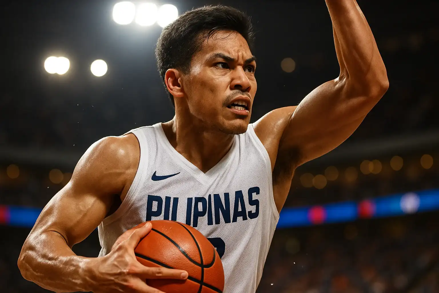 Filipino PBA basketball player mid-air driving powerfully to the basket
